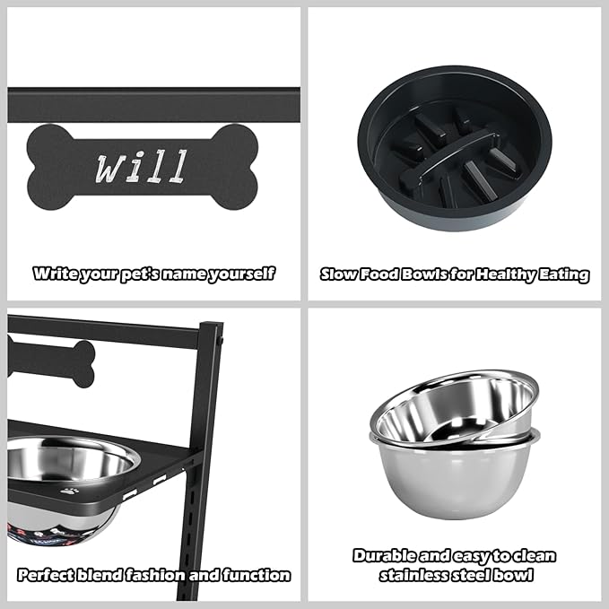 9 Height Adjustable Dog Bowl Stand with Two 1.7L Stainless Steel, Slow Feeder Bowls and Nonslip Pad, Perfect for Medium and Large Dogs