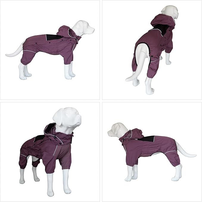 LOVELONGLONG Waterproof Dog Raincoat with Removable Hood – Outdoor Full Body Dog Jacket, Windproof Snowproof Shell Suit – All Season Pet Rain Gear Plum Purple XXL