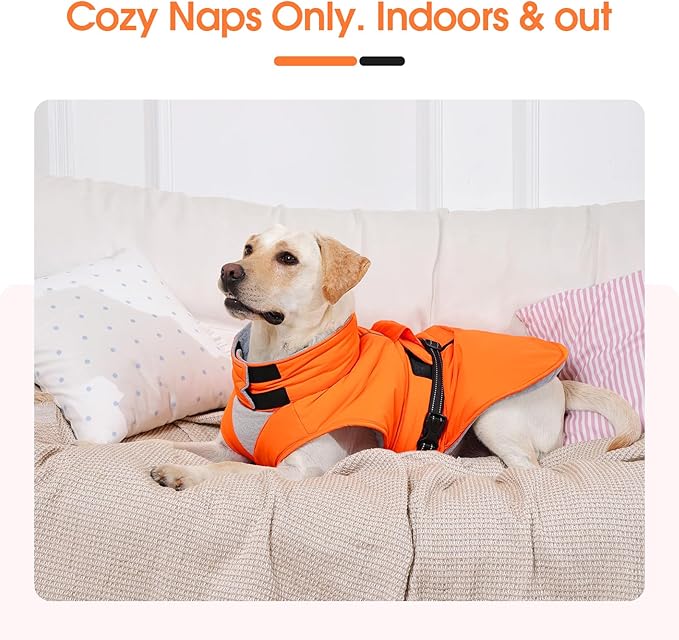 XXXL Dog Coat, Warm Dog Winter Jacket, Waterproof Dogs Snowsuit With Foldable High Collar, Reflective Strips, Leash Hole, And Adjustable Hook & Loop Closure - Ideal For Cold Weather- Orange 3XL