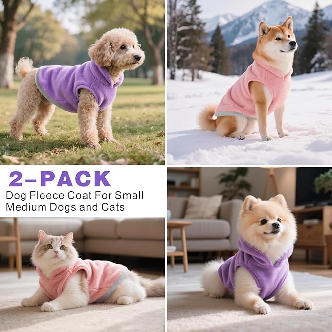 Idepet 2 Pack Dog Fleece Vest Sweater Warm Pullover Jacket with D-Ring Leash Reflective Winter Coat Hoodie for French Bulldog Pug Chihuahuas Yorkies Dachshunds(Purple&Pink,XX-Large-French Bulldog)