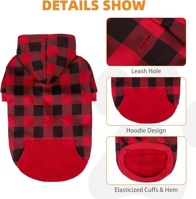 KOOLTAIL Plaid Dog Hoodie Pet Clothes Sweater with Hat and Pocket for Small Medium Large Size Dogs, Soft Winter Warm Dog Cold Weather Coat, Fleece Fall Dog Hooded Sweatshirt for Puppy Cats, Red XXL