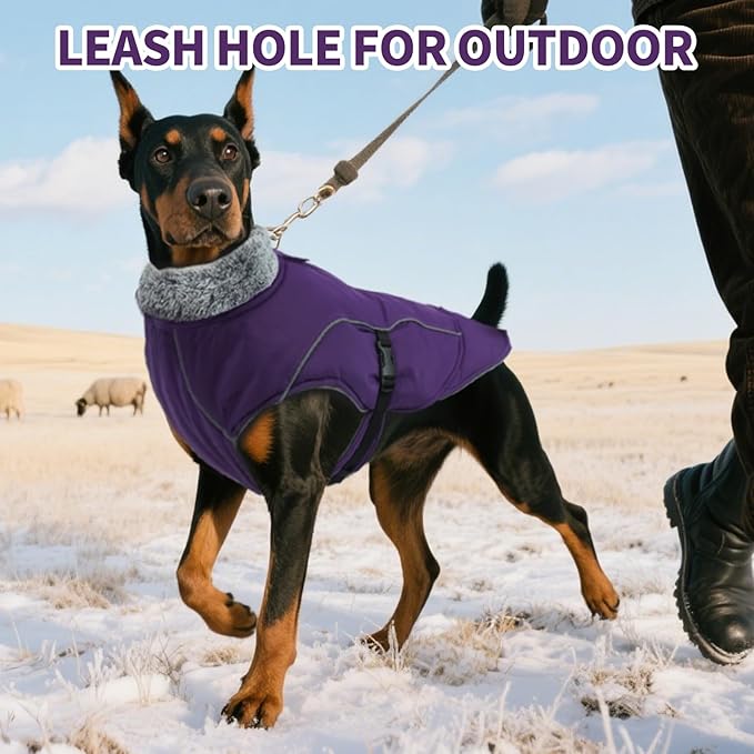 DENTRUN Large Dog Coat - Thick Fleece Lined Reflective Winter Jacket, Snap Closure & Leash Hole, Warm Thick Fleece Lined, Plush Turtleneck Vest for German Shepherd, Purple, XXL