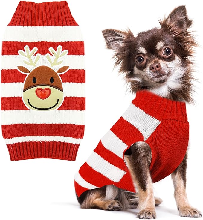 PETCARE Reindeer Christmas Dog Sweater Red Striped Cat Sweater Cartoon Elk Pet Vest Holiday Dog Clothes Puppy Sweaters for Small Medium Large Dogs Cats Fall Winter Outfits Xmas Dogs Costume,XX-Small