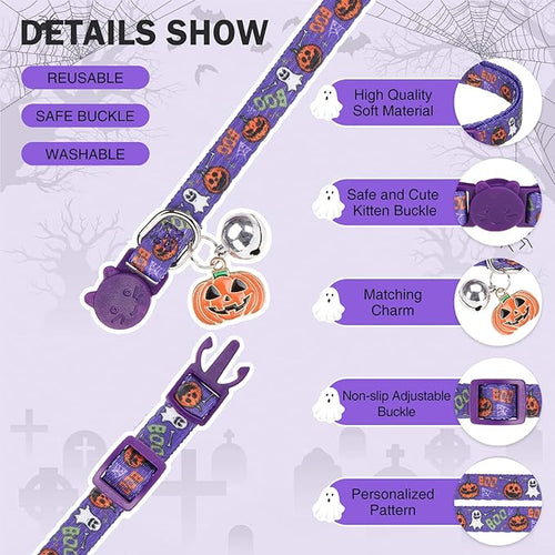 3 Pack Halloween Breakaway Cat Collars with Bell & Charm-Holiday Cat Collar for Girl Boy Cats with Safety Buckle- Cute Pumpkin Skull Kitten Collar Adjustable 8"-12" for Kitty Puppy Small Pets