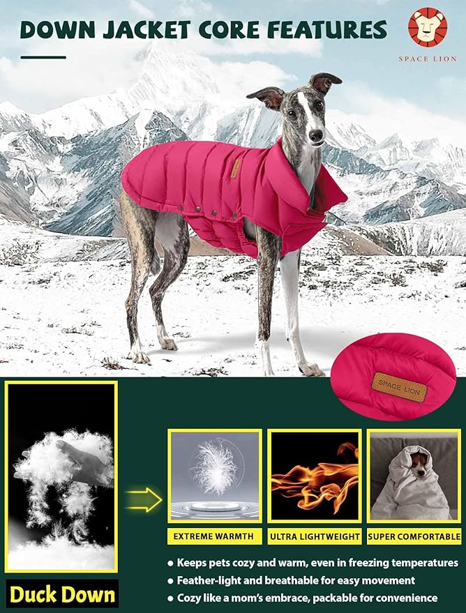 SPACE LION Dog Puffer Jacket, Down Winter Coat, Durable Outdoor Coat for Cold and Windy Conditions, Waterproof, Lightweight Jacket, Adjustable Fit for Small, Medium, Large Dogs(Red,24/2XL)