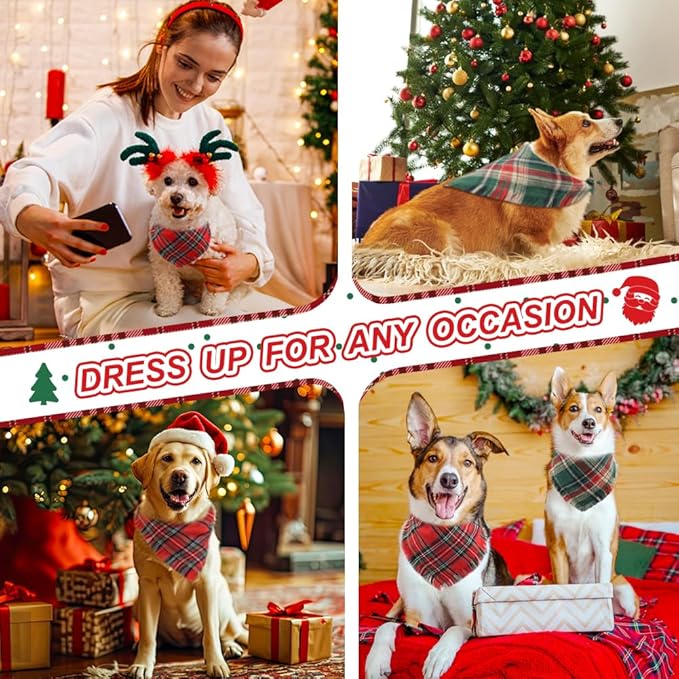 Vivifying Dog Christmas Bandana with Tassels Edges, 2 Pack Classic Plaid Triangle Dog Apparel & Accessories, Funny Holiday Pet Scarf Costume for Photo Prop, and Party Decor (Large, Red&Green)