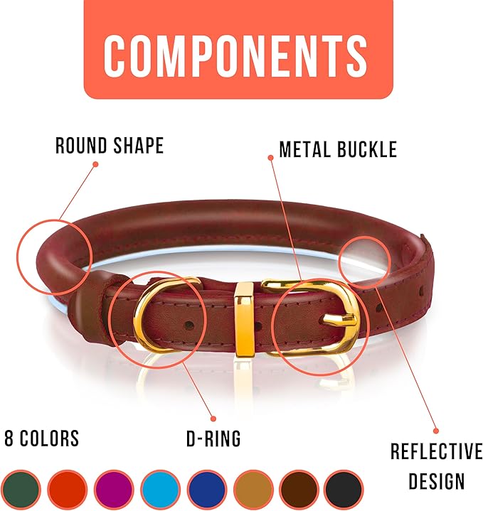 OOPSDOGGY Reflective Rolled Leather Dog Collar Adjustable Soft Padded Pet Collar for Small Medium Large Breed Dogs (Brown, XL, 17"-21")