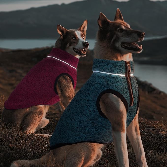 ROZKITCH Dog Sweater for Medium, Knit Jacket with Fleece Lining, Dog Clothes for Medium with Half Zipper Opening for Harness, Adjustable Neck Reflective Pet Jacket Blue L