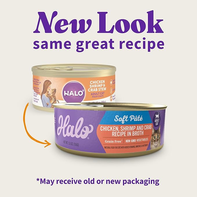 Halo Adult Wet Cat Food, Grain Free, Chicken Shrimp & Crab Stew 5.5oz Can (Pack of 12)