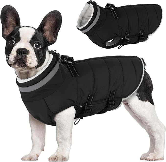 Large Dog Coat with Harness Built-in, Waterproof Reflective Fleece Lined - Warm Windproof Winter Jacket with Back Zipper, Cold Weather Snow Dog Coats - Black - 2XL