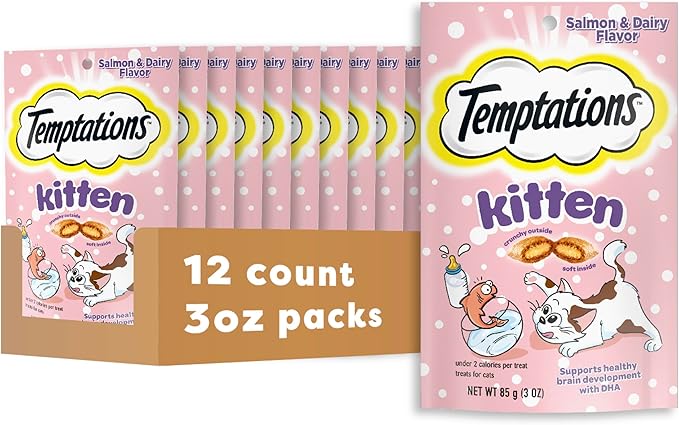 Temptations Kitten Crunchy and Soft Cat Treats Salmon and Dairy Flavor, 3 oz. Pouch, (Pack of 12)