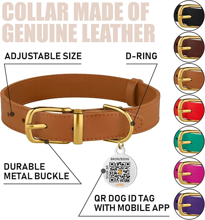BRONZEDOG Leather Dog Collar with QR ID Tag Basic Pet Collars for Small Mini Dogs Cats Puppies (9-11 Inch (Pack of 1), Light Brown & Gold Buckle)
