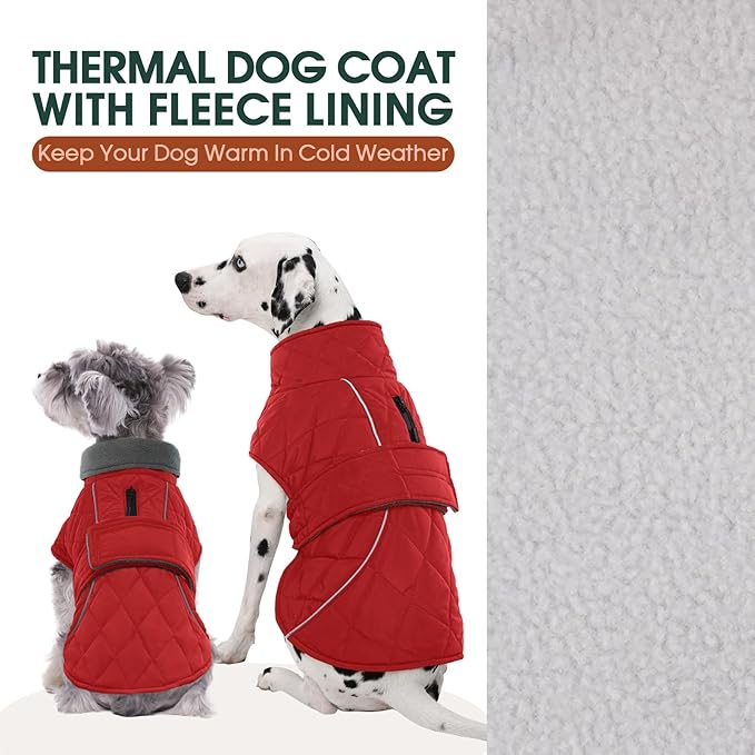 Kuoser Super-Warm Dog Jacket, Fleece Lined Turtleneck Snowsuit for Extra Large Dogs Boy Girl, Windproof Reflective Dog Winter Coat Christmas Pet Cold Weather Clothes, Red 2XL