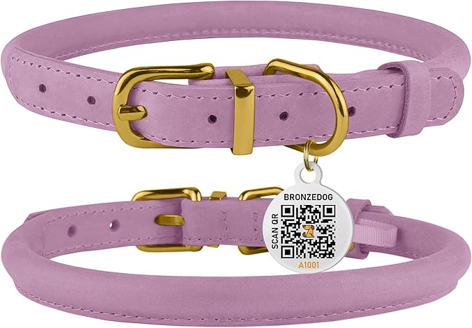 BronzeDog Rolled Leather Dog Collar with QR ID Tag, Adjustable Soft Round Collars for Small Medium Large Dogs Puppy (14" - 16" Neck Size, Lavender)