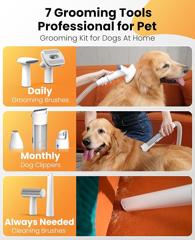 oneisall Dog Grooming Vacuum, 13000Pa Powerful 3L Dust Cup Pet Grooming Vacuum with Dog Clippers & Shedding Brush 7 Dog Grooming Kit, 3L Dust Cup, Super Quiet, 3 Suction Levels, BM3