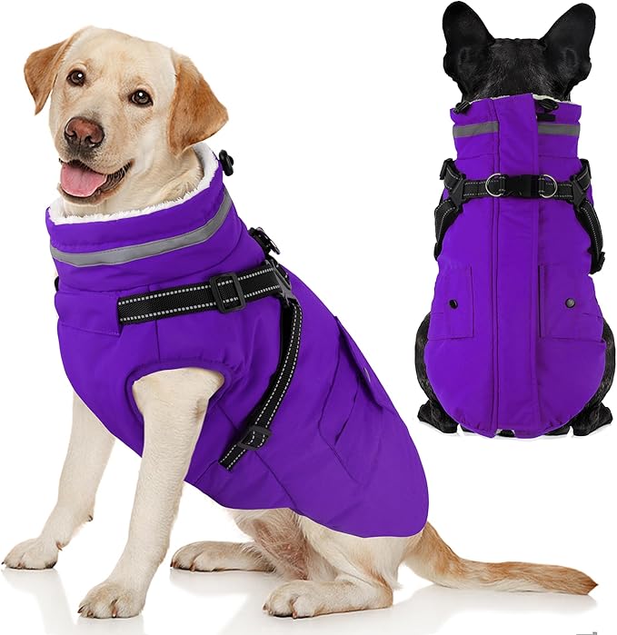 Dogcheer Dog Coat with Harness, Waterproof Warm Dog Winter Jacket with Pockets, Reflective Pet Fleece Jacket Turtleneck Snowsuit for Small Medium Large Dogs - Purple, S