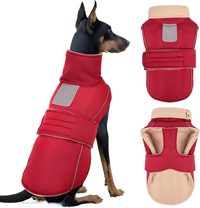 ASENKU Warm Dog Coat, Waterproof Dog Jackets for Large Dogs with Reflective Fleece Vest Turtleneck with Button,Windproof Cold Weather Coats for Small Medium Large Dogs, Dark Red, 2XL