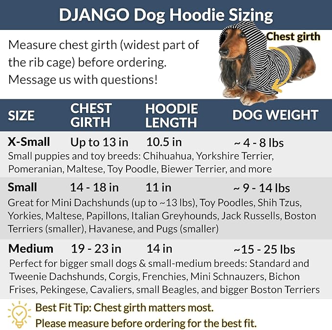 DJANGO Dog Hoodie – Warm, Lightweight, Soft & Stretchy Dog Sweater with Hood, Harness Hole & Elastic Waistband – Cozy Sweatshirt for Small Dogs up to 25 lbs, Dachshunds & Puppies – Navy Blue, Medium