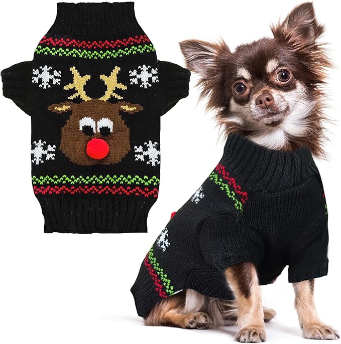 PETCARE Dog Christmas Sweater Black Ugly Funny Cute Cartoon Reindeer Cat Sweaters Jumper Holiday Dog Clothes Puppy Sweaters for Small Medium Large Dogs Fall Winter Outfits Xmas Dogs Costume,XX-Small