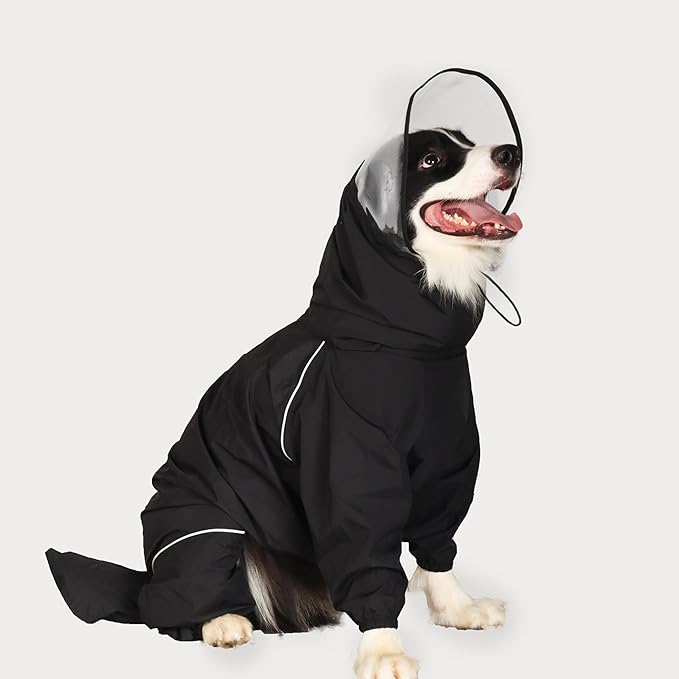 Dog Raincoat for Medium Large Dogs,rain Jacket Coat, Full Leg Coverage Waterproof Rain Suit with Detachable Hood & Tail, Reflective Strips, Snag-Free Top Zipper (Black for Boy, XXX-Large)