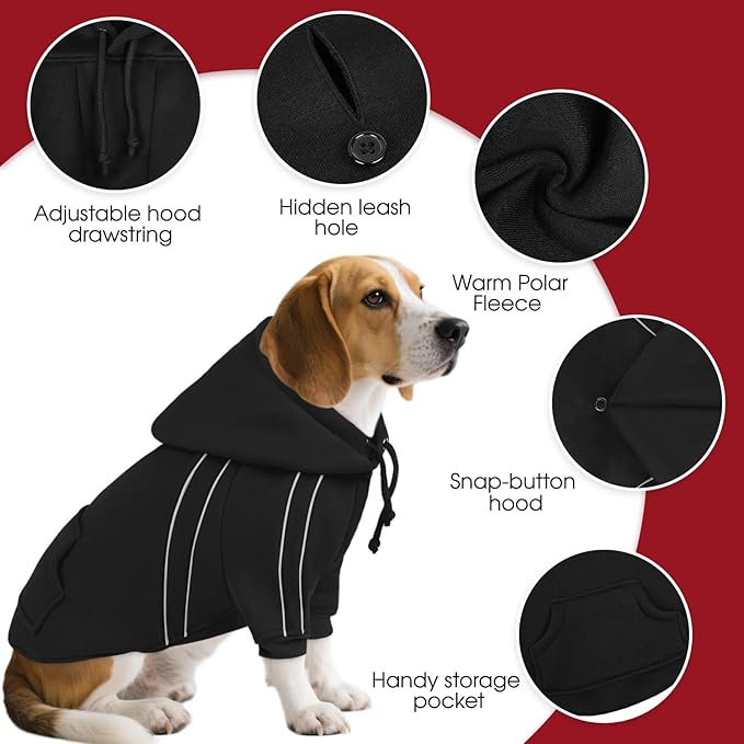 ASENKU Cozy Dog Hoodie，Soft Sweater with Adjustable Hood, Back Pocket and Leash Access Hole，Warm Reflective Sweatshirt for Cold Weather（Black，L
