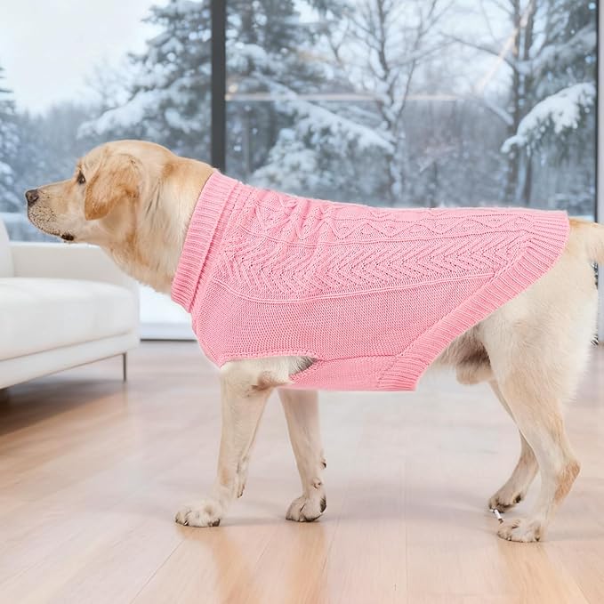 PUPTECK Dog Sweater, Turtleneck Warm Knitted Pullover Coat, Thick Cable Knitwear Clothes in Winter, Pet Apparel Outfits for Large Dogs, for Cold Weather Indoor & Outdoor, Pink L