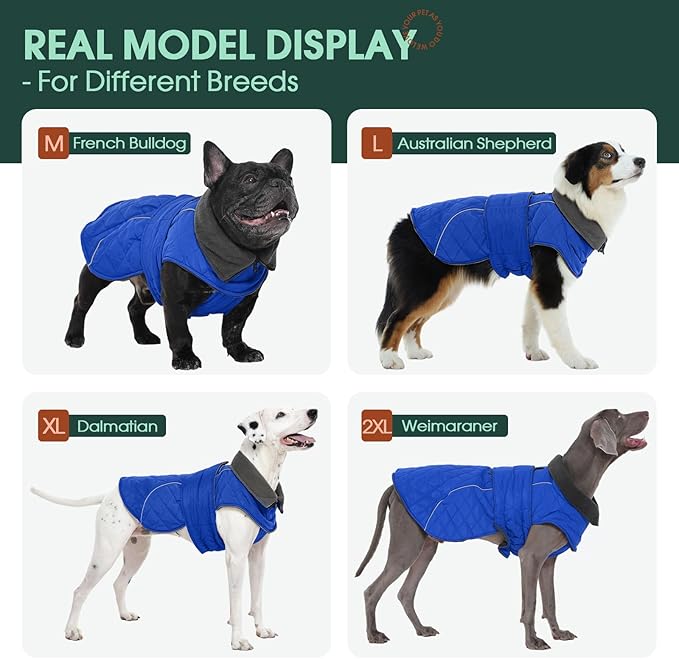 Kuoser Dog Coat, Extra Warm Dog Jacket Windproof Dogs Cold Weather Coats for Large Dogs, Fleece Lining Turtleneck Puppy Snowsuit Reflective Adjustable Pet Winter Clothes Christmas, Blue XL