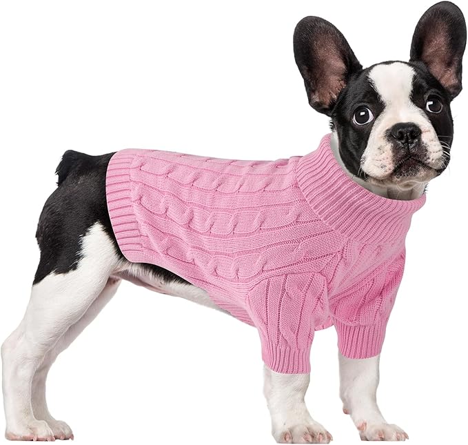 Small Dog Thermal Pullover Sweater, Classic Turtleneck Cable Knitwear Dog Clothes for Cold Weather Warm Pet Clothes for Chihuahua, Bulldog, Dachshund, Pug Pink XX-Large