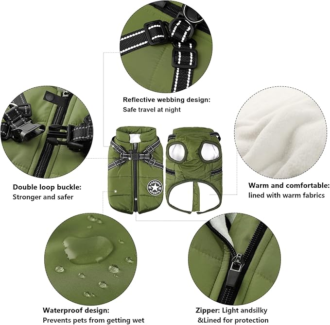 Aiboria Dog Jackets for Winter Windproof Waterproof 2 in 1 Outfit Cold Weather Coat Dog Vest Harness Puppy Winter Warm Jacket Small Green XL