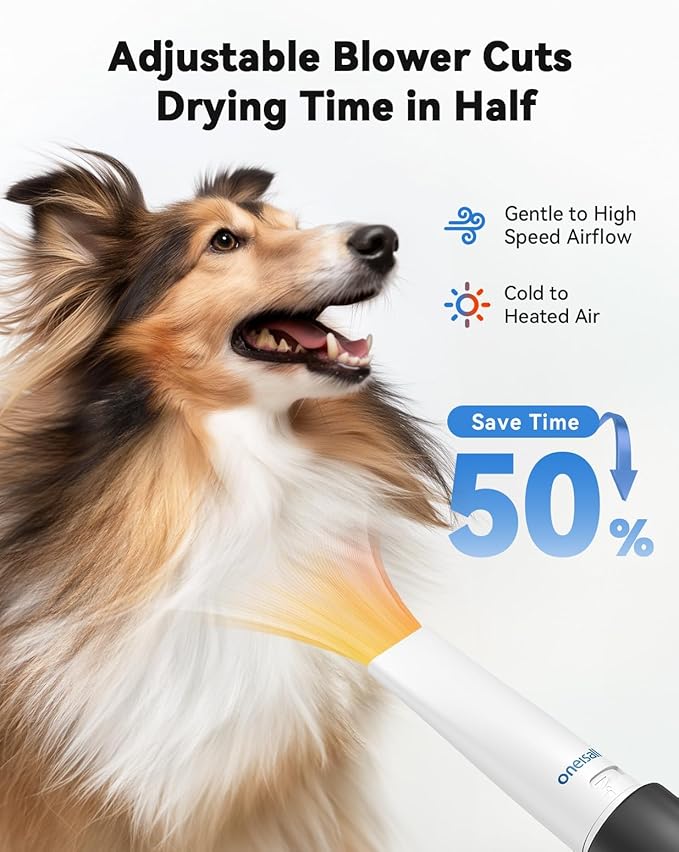 oneisall Dog Vacuum & Dryer for Shedding Grooming, 8 in 1 Dog Grooming Kit with Metal Blade Pet Clippers, Adjustable Speed and Temperature Control Blower