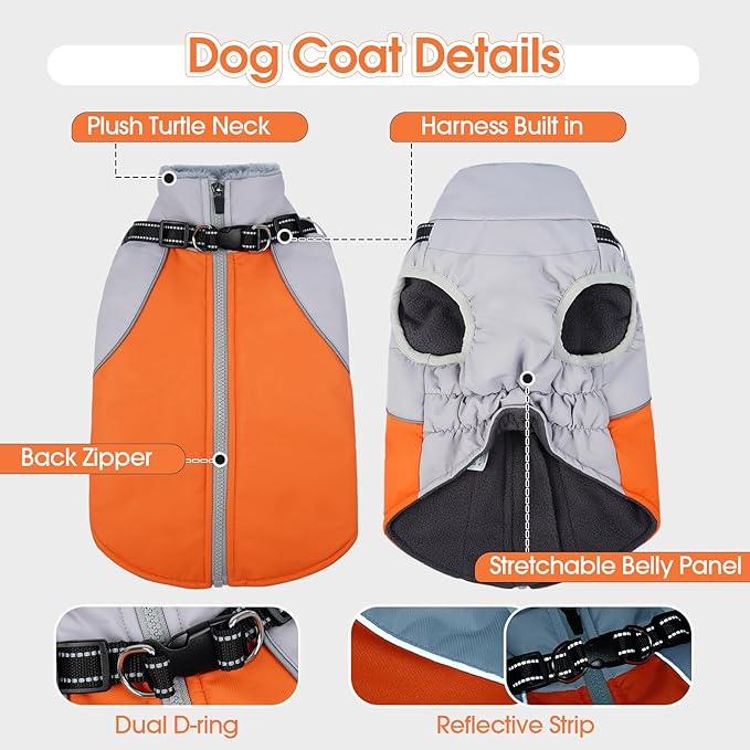 DENTRUN Dog Coat with Harness Built in, Heavy Duty Winter Dog Coat, Warm Fleece Lined Adjustable Belly for German Shepherd, Orange, XXL