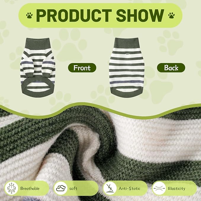 Small Dog Sweater, Knitted Striped Pullover Dog Clothes for Cold Weather, Thick Warm Cozy Stretchy Sweater for Chihuahua, Bulldog, Dachshund, Pug(Green & White Strip, XXL)
