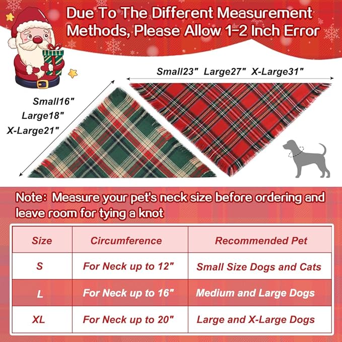 Vivifying Dog Christmas Bandana with Tassels Edges, 2 Pack Classic Plaid Triangle Dog Apparel & Accessories, Funny Holiday Pet Scarf Costume for Photo Prop, and Party Decor (Large, Red&Green)