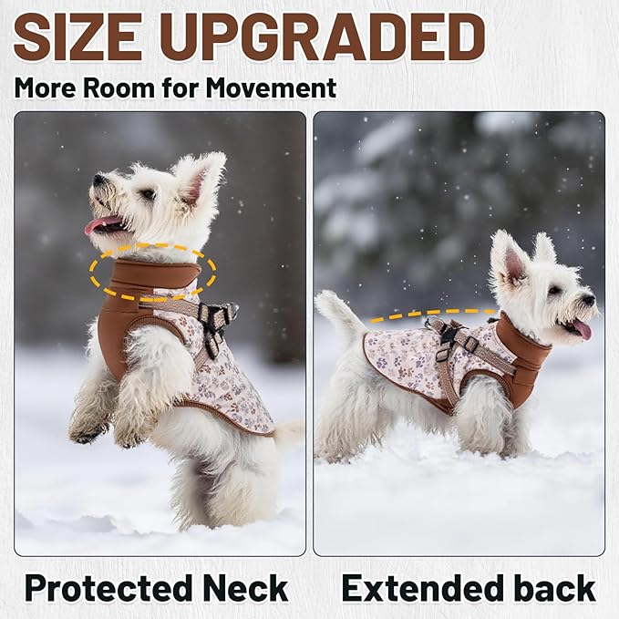 Dog Winter Coat for Small & Medium Dogs (Up to 32lb), Waterproof Dog Coat with Harness, Puppies Windproof Puppy Puffer Jacket, Snowsuit for Dachshund,Frenchie, Corgi (Paw Brown, 2XLarge)