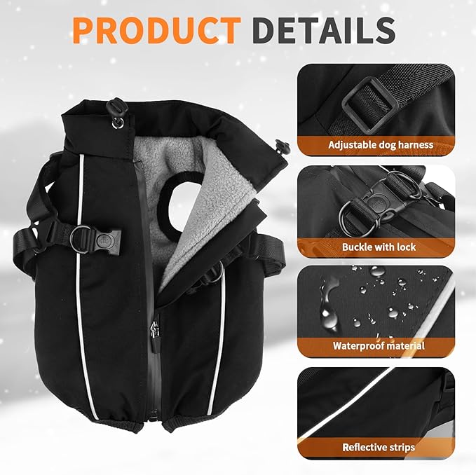 Dog Winter Coat Reflective Water-Resistant Jacket, Fleece Lined Windproof Puppy Coat with Back Zipper & D-Ring, Cold Weather Dog Coats for Small Medium Large Dogs (S, Black)