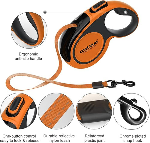 360° Tangle-Free, Heavy Duty Retractable Dog Leash with Anti-Slip Handle; 16 ft Reflective Strong Nylon Tape; for Large Dog or Cat up to 110 lbs; One-Handed Brake, Pause, Lock (Orange, Large)