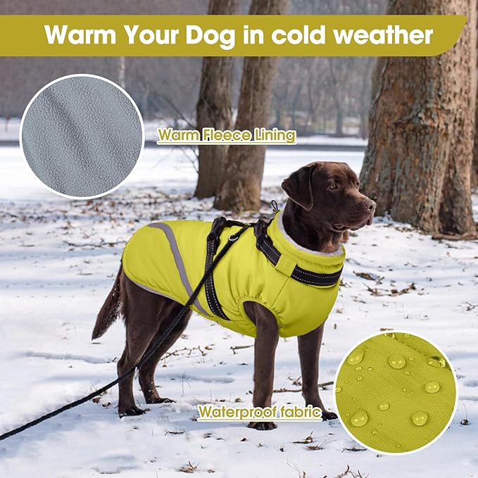 BRKURLEG Dog Winter Jackets for Large Dogs, Dog Coat with Harness Built in, Dogs Snowsuits with Zipper, Waterproof Windproof Pet Puffer Jacket Fleece Vest for Labrador, Dalmatian, Green XXL