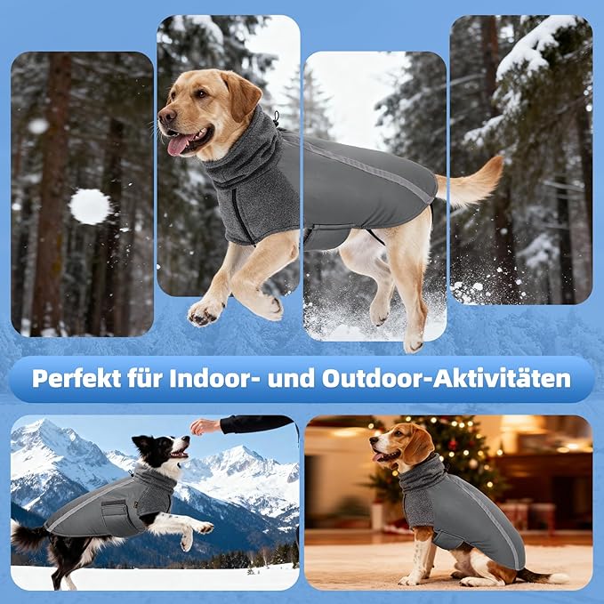 SlowTon Winter Dog Coat, Warm Polar Fleece Lining Doggie Outdoor Jacket with Turtleneck Scarf Reflective Stripe Adjustable Waterproof Windproof Puppy Vest Soft Pet Outfits (L,Grey)