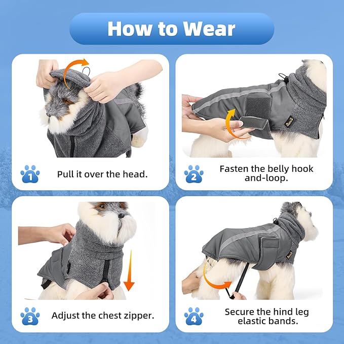 SlowTon Winter Dog Coat, Warm Polar Fleece Lining Doggie Outdoor Jacket with Turtleneck Scarf Reflective Stripe Adjustable Waterproof Windproof Puppy Vest Soft Pet Outfits (L,Grey)
