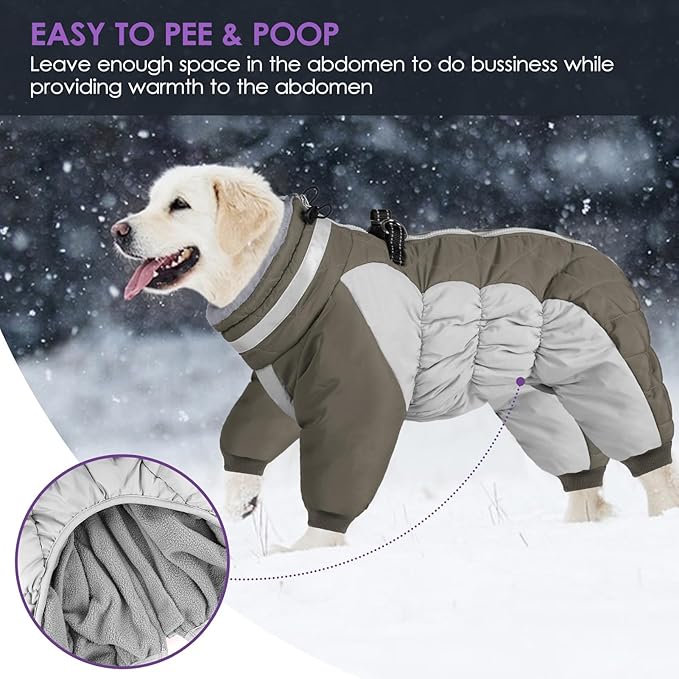 SUNFURA Full Body Dog Coat - Warm Fleece Jacket for Large Dogs, Turtleneck Winter Coats with Harness, Reflective Dog Snowsuit Windproof Puffer Jackets with Legs for French Bulldog, Army Green L