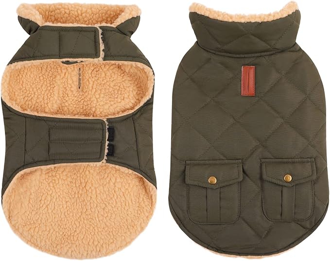 Queenmore Warm Dog Coat, Cold Weather Puffer Dog Coat, Quilting Winter Dog Jacket Ultra Thick Plush Lining with Storage Pockets (Green, Small)