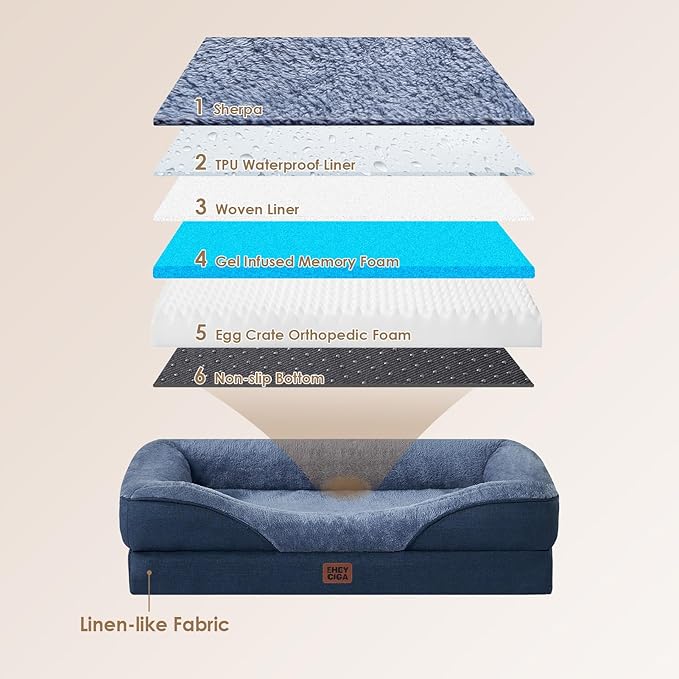 EHEYCIGA Memory Foam XXL Dog Bed for XLarge Sized, Extra Large Orthopedic Dog Sofa with Sides and Waterproof Liner, Washable Bolster Pet Couch with Removable Cover, 52x41x8 Inch, Navy