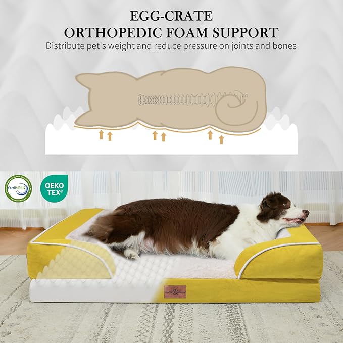 Comfort Expression Orthopedic Dog Bed for Small Dogs 24x16 Inch, Waterproof Egg Crate Foam Small Pet Bed with Removable Bolsters, Dog Couch with Washable Cover & Non-Slip Bottom, Spicy Mustard