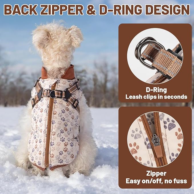 Dog Winter Coat for Small & Medium Dogs (Up to 32lb), Waterproof Dog Coat with Harness, Puppies Windproof Puppy Puffer Jacket, Snowsuit for Dachshund,Frenchie, Corgi (Paw Brown, XLarge)