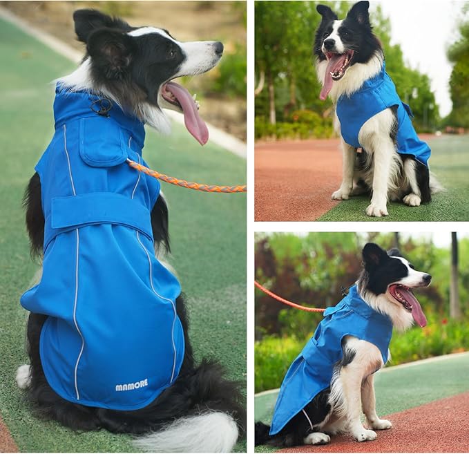 Waterproof Dog Raincoat, Adjustable Lightweight Dog Rain Jacket with Reflective Strip Leash Hole for Small Medium Large Dogs (Blue, 3X-Large(77-94lb))