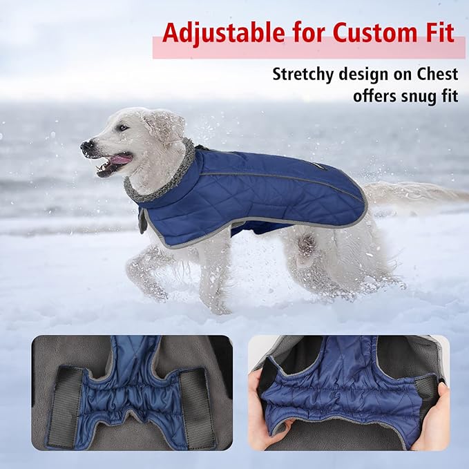 Fragralley Dog Coat Large, Waterproof Dog Jacket with Warm Fleece Lining, Adjustable Reflective Dogs Winter Coat, Turtleneck Pet Coats for Cold Weather (Blue XXXL)