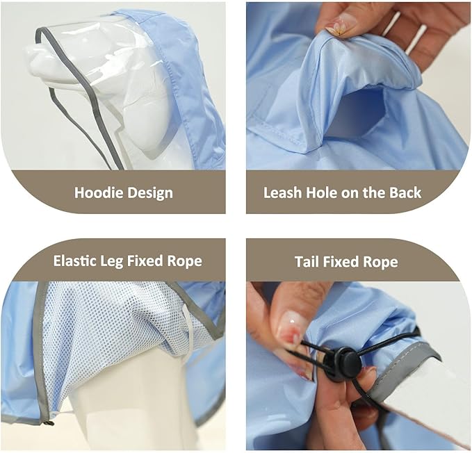 MAMORE Dog Raincoat Waterproof, Lightweight Adjustable Dog Rain Coat Hooded Poncho with Reflective Strip for Large Medium Small Dogs (Light Blue, Small)