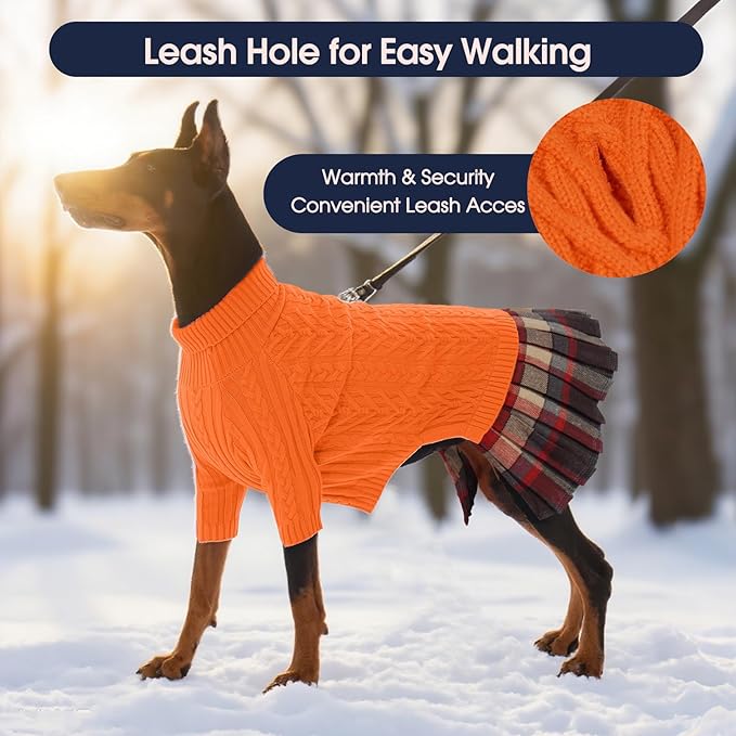IECOii Girl Dog Sweater Dress - Cable Knit Dog Sweater for Medium Dogs Girl, Orange, Large - Turtleneck Winter Sweaters with Leash Hole, Soft & Stretchy Adorable Dress for Thanksgiving Christmas Photo