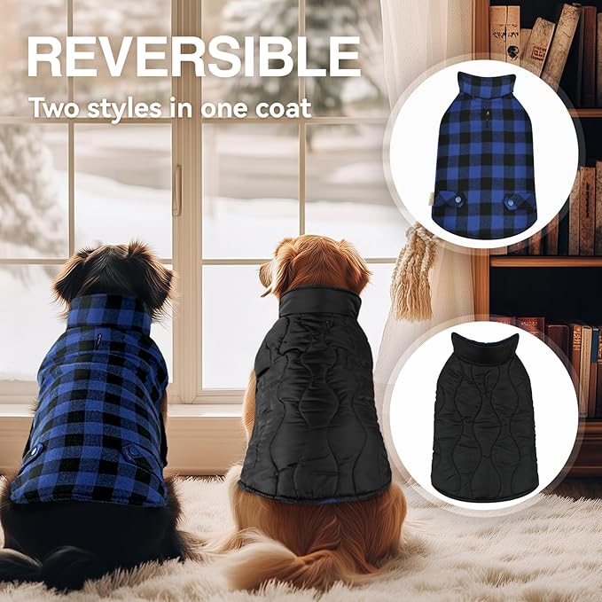 VIVAGLORY Softjoy Dog Coat, Dog Jacket for Winter & Christmas, Coat with Harness Hole & Velcro Closure, Reversible Plaid Checkered Warm Fluffy Heavy Duty for Puppy, XL, Sapphire Blue Plaid
