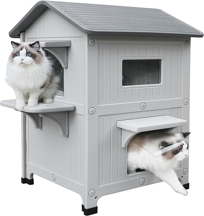 Rockever Plastic Insulated Outdoor Cat House with Escape Door, 2 Story Waterproof Cat House for Outdoor Cats for Feral Cats, Elevated Outside Cat Shelter, Clean and Assemble Easily